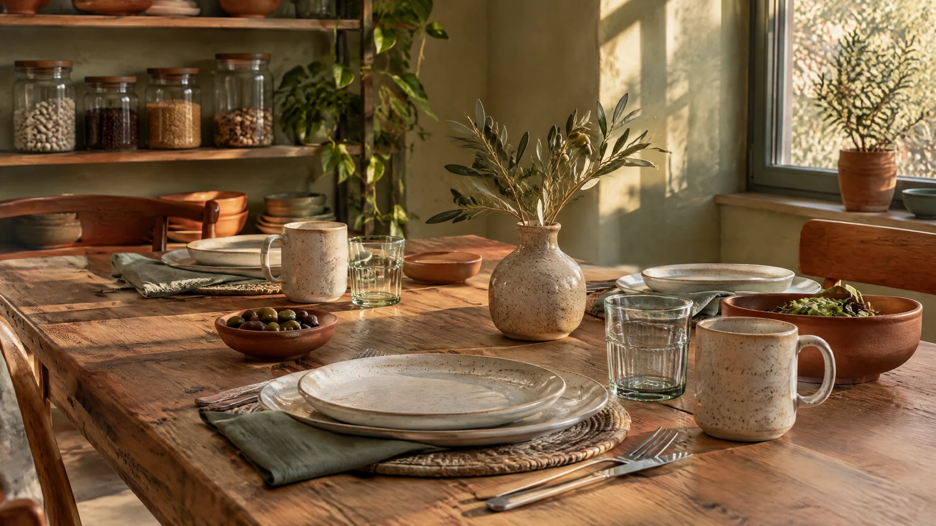 Dining table set with speckled plates and mugs, a vase with olive branches and clear canisters on a shelf