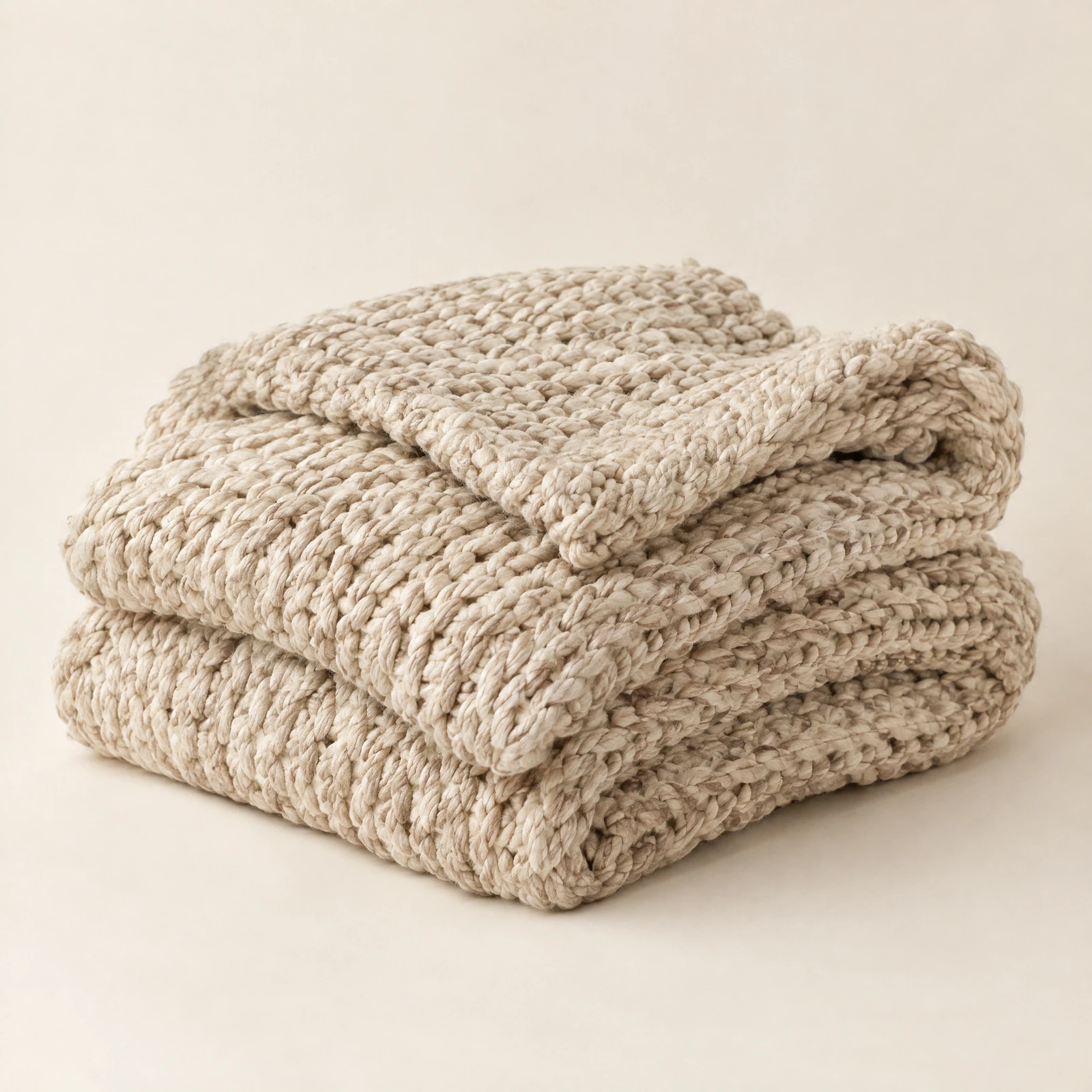 Oatmeal colored chunky rope-knit throw blanket folded in a loose stack on a cream backdrop