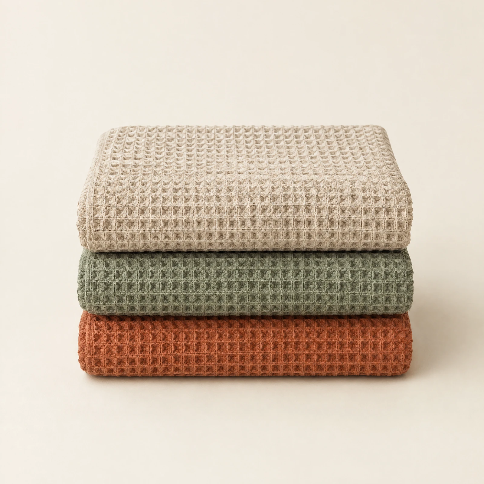 Three folded waffle-weave dish towels in oatmeal, sage green and clay stacked on a cream surface